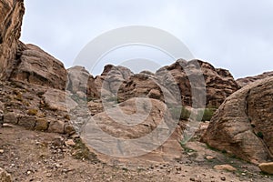 Mountains along the road leading to Petra - the capital of the Nabatean kingdom in Wadi Musa city in Jordan