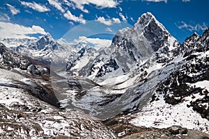 Mountains Ama Dablam, Cholatse, Tabuche Peak at the blue sky wit