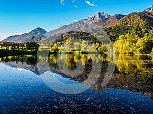 Mountains in autumn colors reflecting the lake