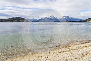 Mountains and beagle channel in Coast Trail, Tierra del Fuego Na