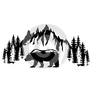 Mountains and bear icon vector set. hike, travel illustration sign collection. camping symbol.