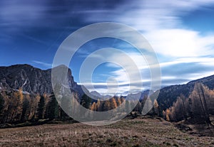 Mountains at beautiful night in autumn in Dolomites, Italy.