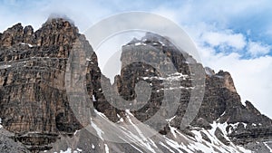 Mountains. Beautiful scenery. Cloudy weather. National Park. Tre Cime, Dolomites, South Tyrol. Italy.