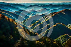 Mountains of Blue Ridge Wide-angle landscape background with layered hills and valleys in Smoky Mountain