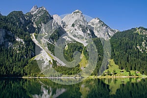 Mountains bordering a lake photo