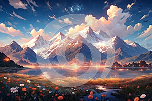 Mountains with a bright moon and a beautiful blue sky with orange clouds with stars and a field of vibrant flowers beside a lake,