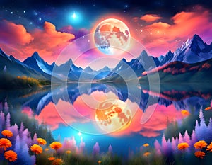 Mountains with a bright moon and a beautiful blue sky with orange clouds with stars and a field of vibrant flowers beside a lake,