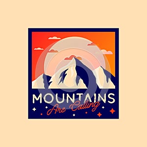 Mountains are calling badge, vector mountains, sun, cloud