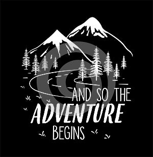 Mountains are calling illustration vector, with road and sign, and so the adventure begins.