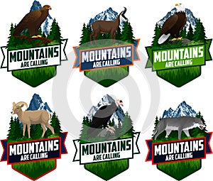 The Mountains Are Calling. vector Outdoor Adventure Inspiring Motivation Emblem logo illustration with animals photo