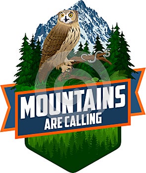 The Mountains Are Calling. vector Outdoor Adventure Inspiring Motivation Emblem logo illustration with eagle owl and Common garter