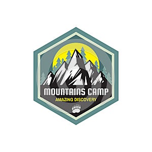 Mountains camp amazing discovery - concept badge. Summer camping emblem. Climbing logo in flat style. Extreme exploration sticker