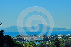 Mountains and Carthage gulf, marine landscape from Byrsa Hill in Tunisia, North Africa