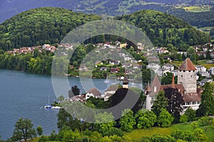 Mountains, Castle and lake in Thun city. Switzerland