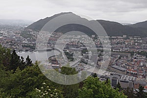 Mountains, city and bay in Puddefjord. Bergen, Norway