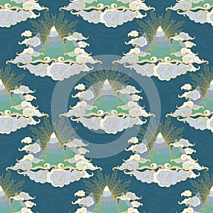 Mountains in clouds. Seamless pattern in oriental style.