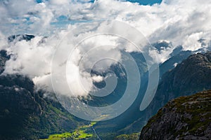 Mountains with clouds at sunset. View of Lysefjord from Kjerag mountain, Norway