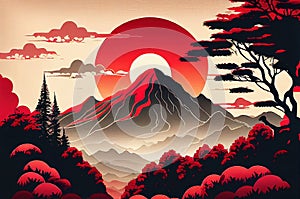 Mountains clouds and trees with red sun. Japanese Ukiyo-e, landscape, art prints. Oriental artistic painting. Japanese landscape