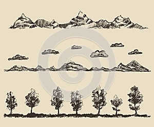 Mountains contours clouds forest vector sketch