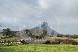 Mountains in county Sligo, Ireland. Winter season, peak covered with snow.