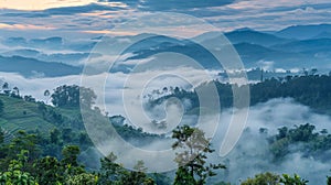 Mountains covered in mist and distant low clouds