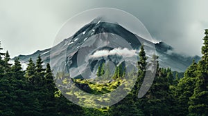 8k Photo-realistic Landscape: Majestic Mountain With Lush Trees And Clouds photo