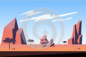 Mountains at desert landscape background in flat cartoon style