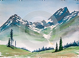 Mountains and Evergreen Trees Landscape - Original Watercolor