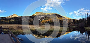 Mountains in the fall with changing leaves, reflected in the lake