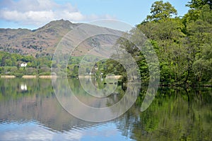 Mountains and fields reflected in the waters of Grasmere