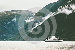 Mountains Fjord and Ferry ship Landscape in Norway