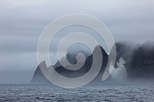 Mountains in fog, Antarctic landscape