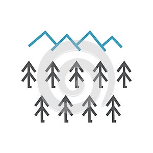 Mountains and forest, peaks and pines. Geometric line drawing. Vector isolated on white.