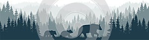 Mountains forest woodland background texture seamless pattern with black bear family