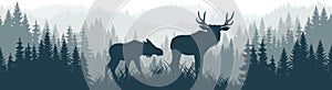 mountains forest woodland background texture seamless pattern with couple of moose family