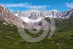 Mountains glacier valley clouds sky summer