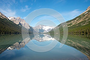 Mountains, glaciers and trees reflected in an alpine lake.