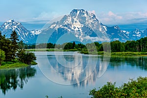 Mountains in Grand Teton National Park at dawn. Oxbow Bend on the Snake River.