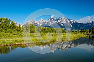 Mountains in Grand Teton National Park with reflection in Snake River