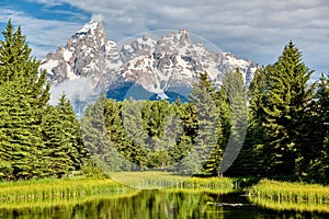 Mountains in Grand Teton National Park with reflection in Snake River