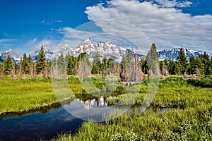 Mountains in Grand Teton National Park with reflection in Snake River