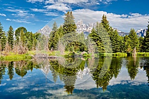 Mountains in Grand Teton National Park with reflection in Snake River