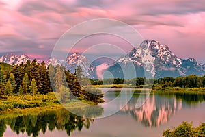 Mountains in Grand Teton National Park at sunrise. Oxbow Bend on the Snake River.