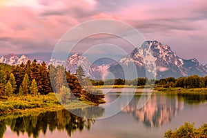 Mountains in Grand Teton National Park at sunrise. Oxbow Bend on the Snake River.