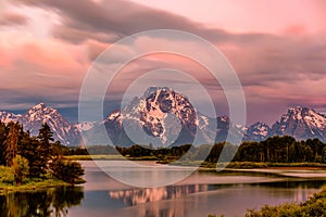 Mountains in Grand Teton National Park at sunrise. Oxbow Bend on the Snake River.