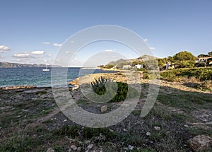 Mountains, green flora and mediterranean sea turquoise water of Alcudia, Mallorca, or Majorca, Balearic Islands, Spain