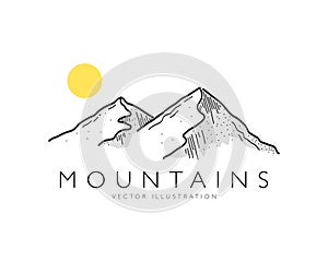 Mountains. Hand drawn rocky peaks with color shadow and sun. Vector illustration