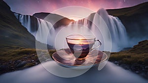 mountains highly intricately detailed of beautiful sunrise on Kirkjufellsfoss waterfall landscape inside a tea cup