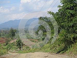 Mountains, hills and the Cipunagara river in West Java, Indonesia