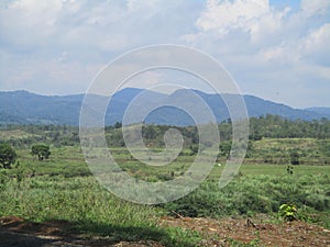 Mountains, hills and the Cipunagara river in West Java, Indonesia